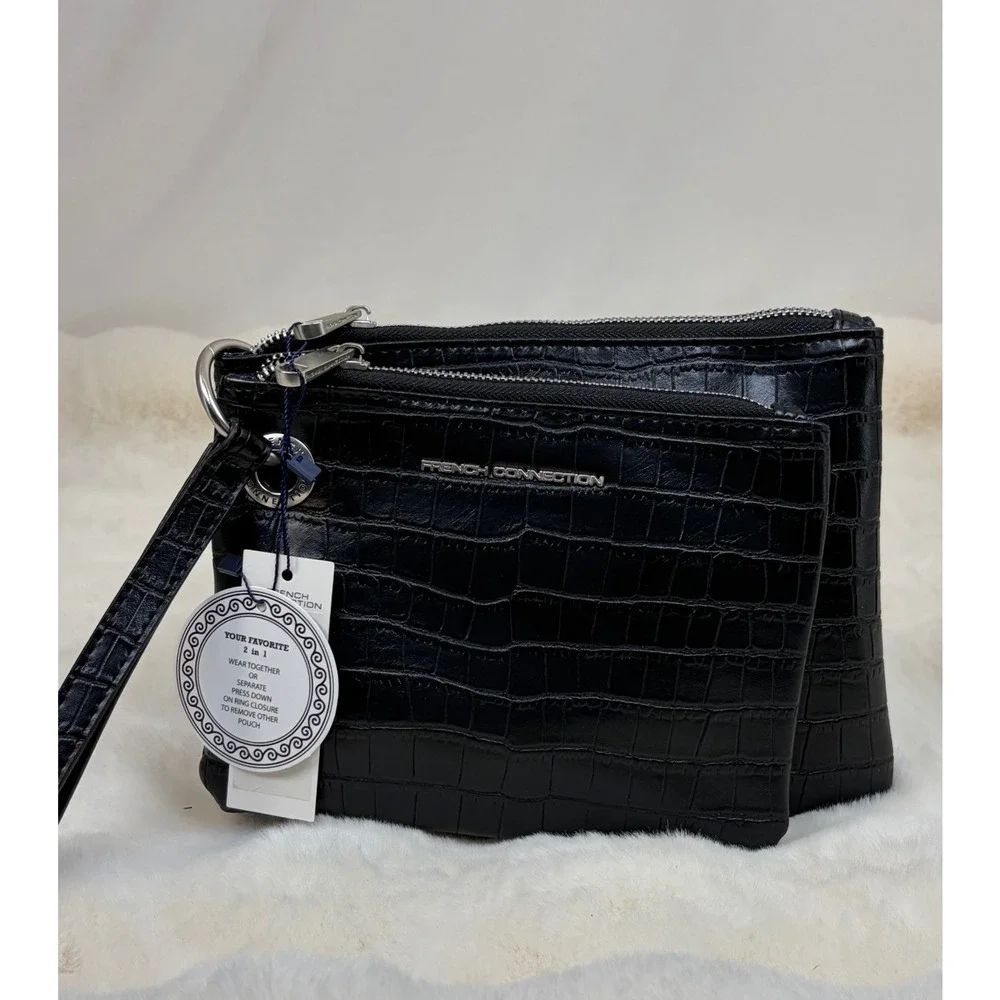 French Connection Black Croco Dale Double Slim Pouches Wristlet 2-in-1‎ NWT Chic